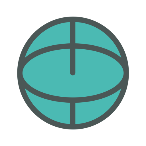 Logo on teal background: a dark gray circular emblem inside a square frame, resembling a stylized globe or basketball motif.